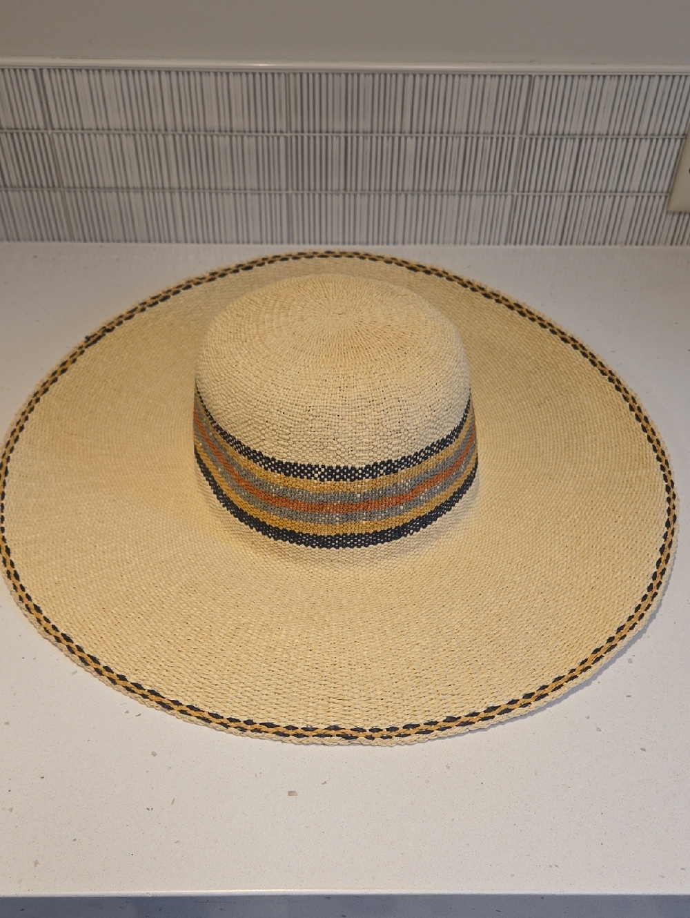 Wide Brim Straw Sun Hat with Multicolor Band